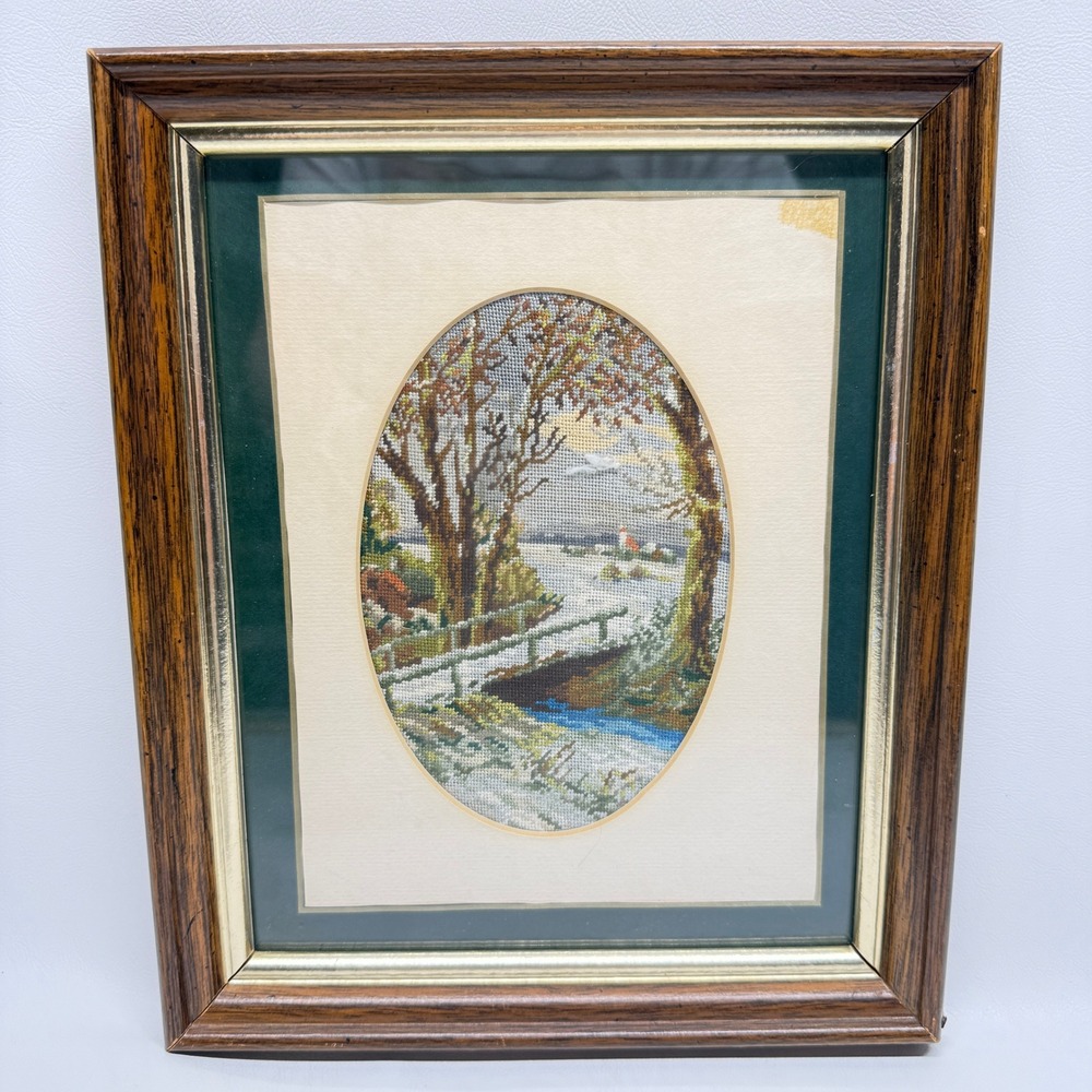 Vintage Framed Needlepoint Winter Landscape Bridge Snow Scene Petit Point